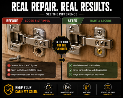 🔩 Stripped Screw Hole Repair Anchors  Restore loose cabinet hinges without moving or replacing them.