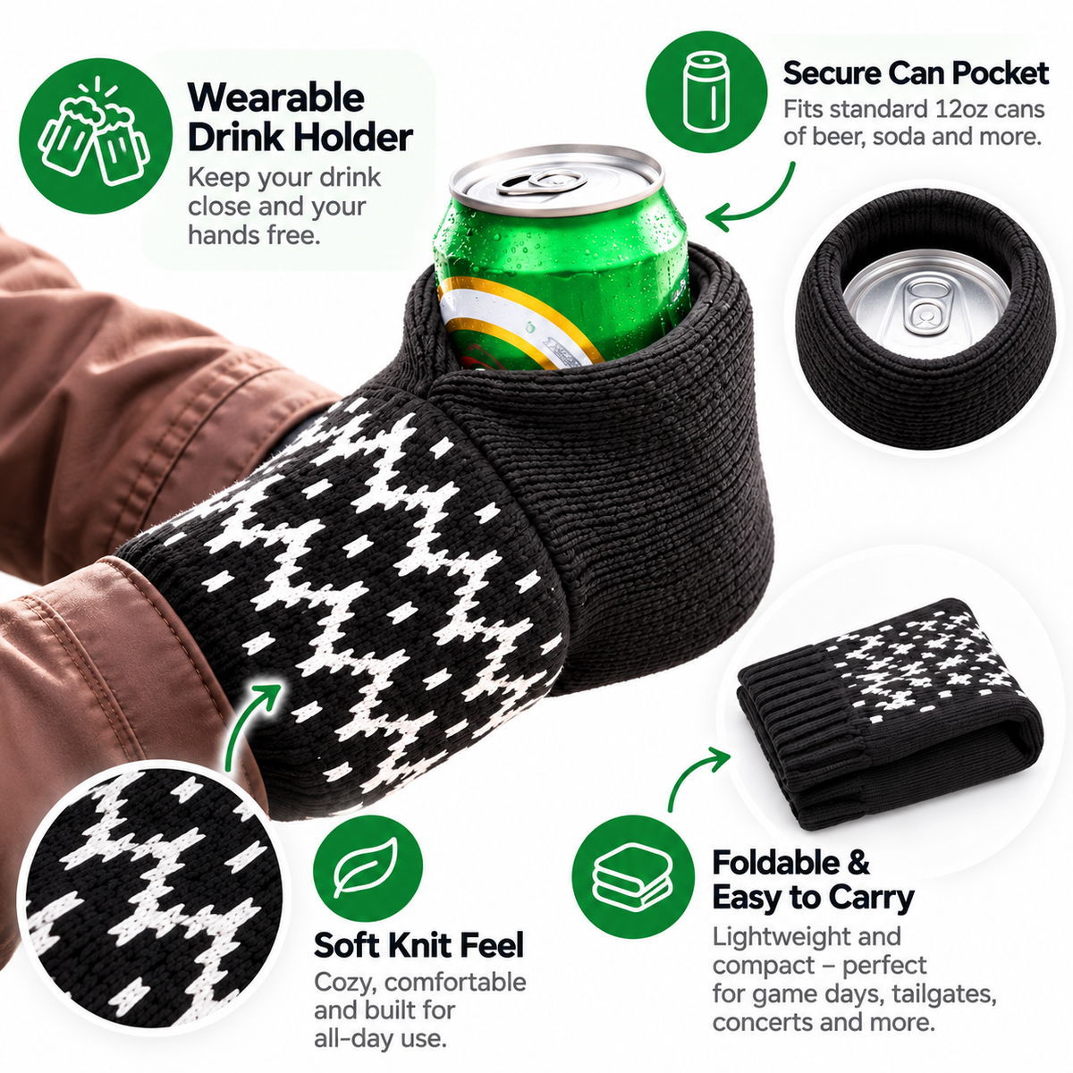 Hands-Free Wearable Can Holder – Cozy Knit Drink Sleeve for Game Day