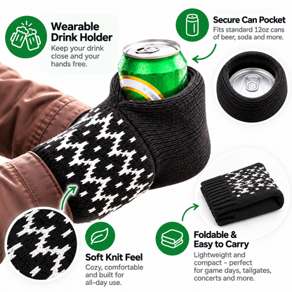 Hands-Free Wearable Can Holder – Cozy Knit Drink Sleeve for Game Day