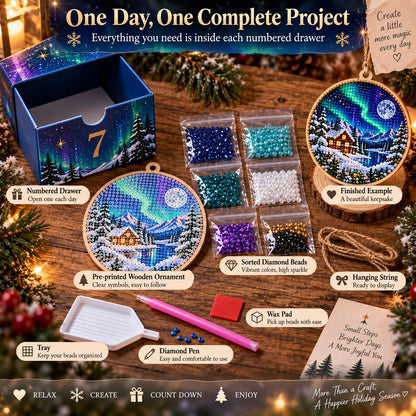 🌌 14-Day Aurora Diamond Painting Advent Calendar – DIY Wooden Christmas Ornament Kit