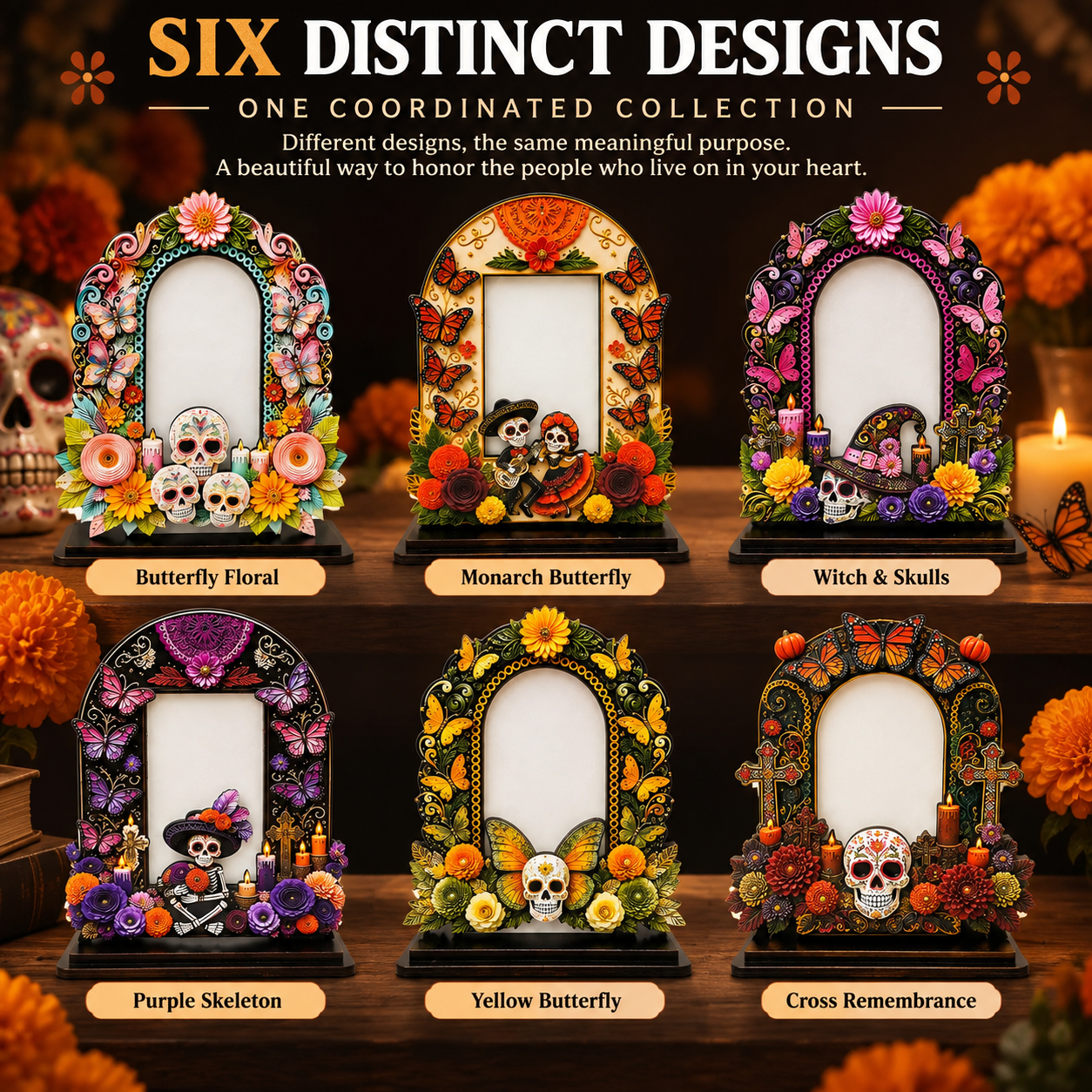 💀 DAY OF THE DEAD DECOR | 6 Wooden Memorial Photo Frames – Colorful Ofrenda Picture Frame Set with Floral Details
