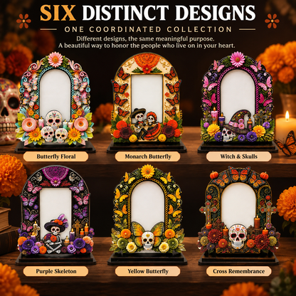💀 DAY OF THE DEAD DECOR | 6 Wooden Memorial Photo Frames – Colorful Ofrenda Picture Frame Set with Floral Details