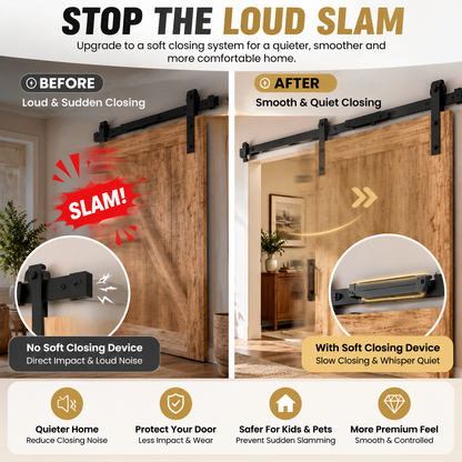🚪 Barn Door Soft Close Kit – Hidden Anti-Slam Damper Hardware for 88–132 lb Flat Track Sliding Doors