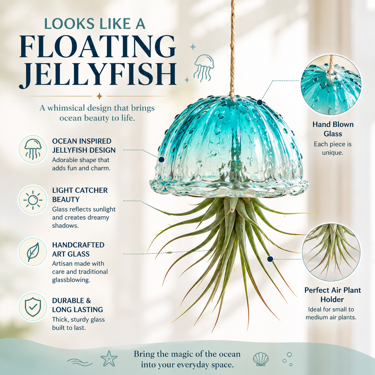 ✨ Handmade Jellyfish Glass Air Plant Holders | Ocean-Inspired Hanging Decor