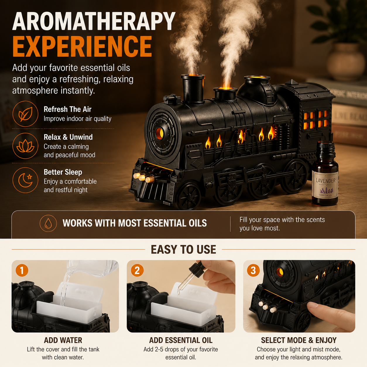 🚂 Retro Train Aroma Diffuser – 300ml Mist Humidifier With Ambient Lights