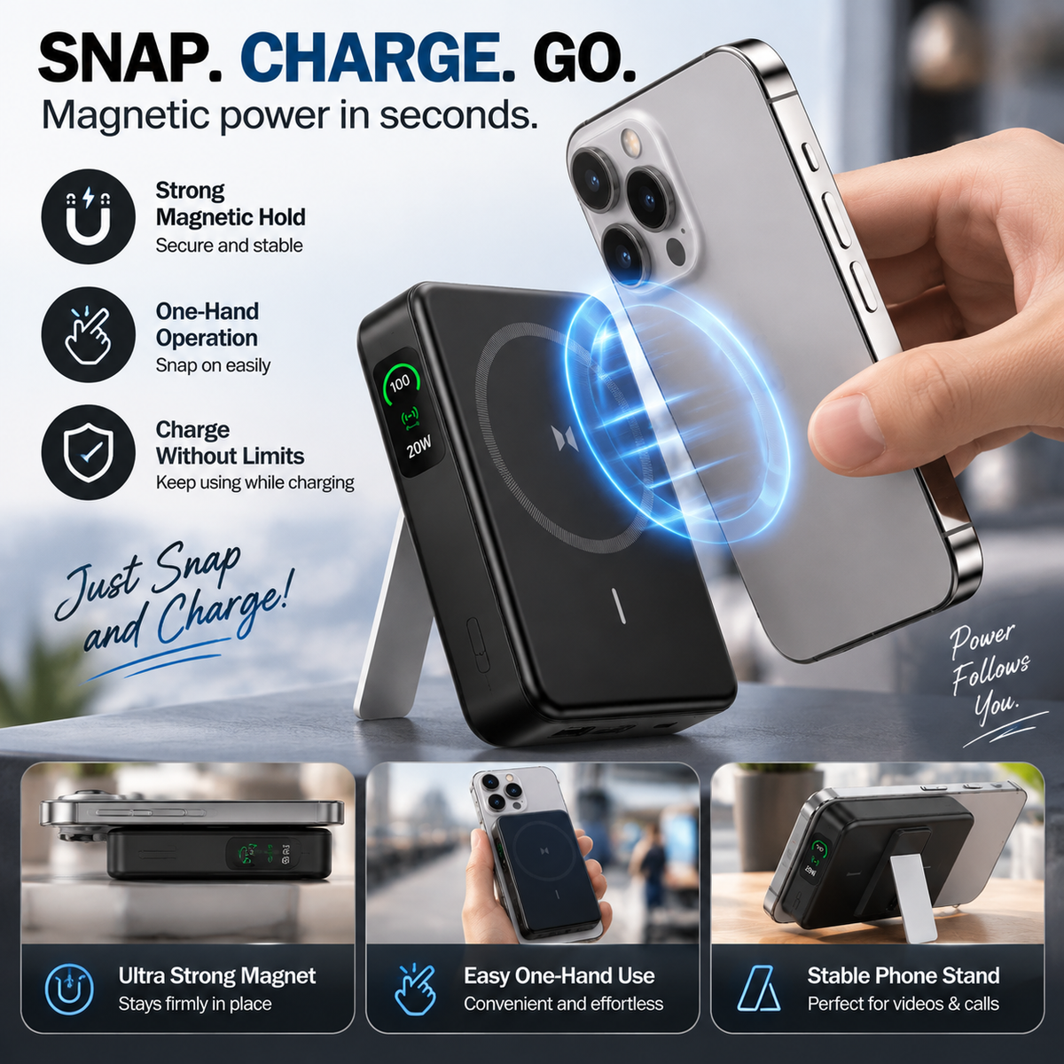 🧲 HOT SALE | Magnetic Wireless Power Bank – Portable Charger with Phone Stand & Battery Display for Travel
