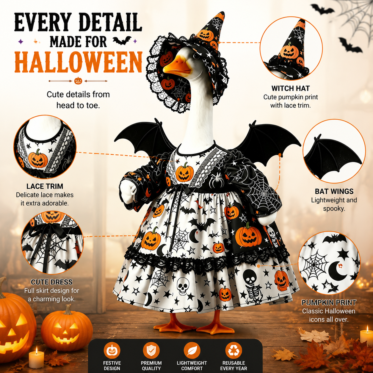 🎃 Halloween Porch Goose Outfit – Witch Goose Costume with Hat & Wings for 23" Lawn Goose