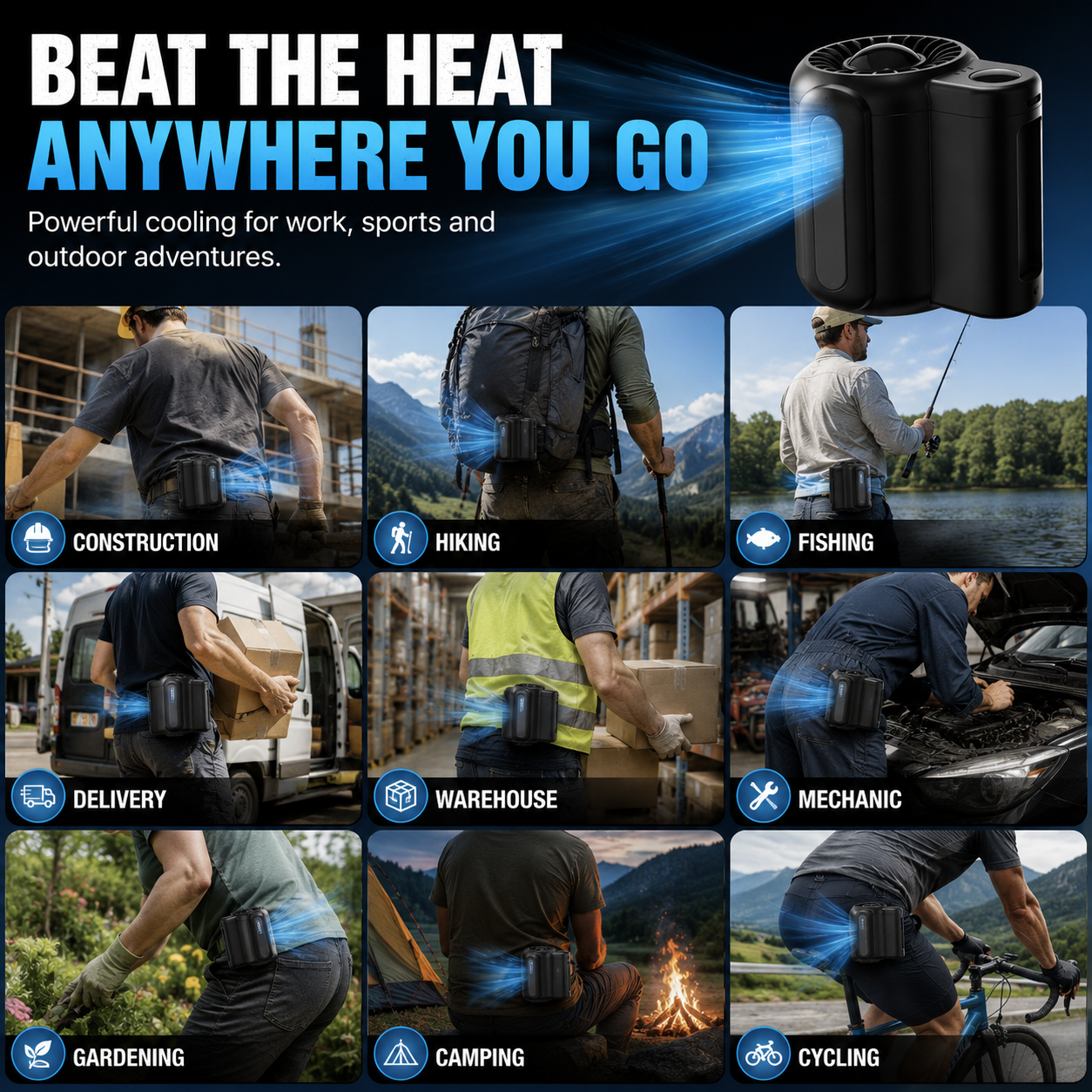 ❄️ Portable Waist Fan | Hands-Free Cooling Fan for Outdoor Work