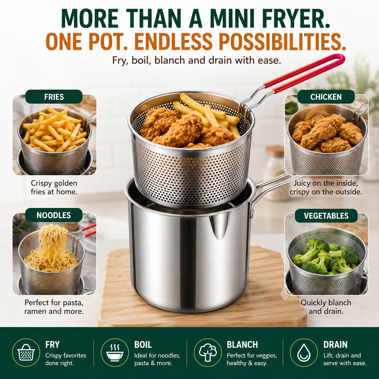 🍟 Personal Mini Deep Fryer Set – Stainless Steel Pot with Lift-Out Draining Basket & Food Tongs