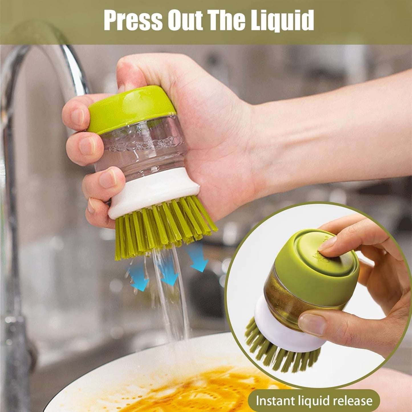 🧼 Soap Dispensing Palm Brush – Refillable Dish Scrubber With Drainage Stand
