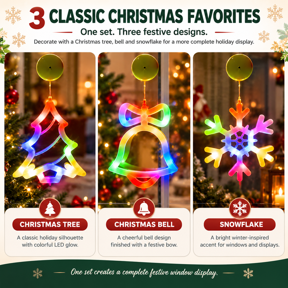 🎄 3-Piece Christmas Window Lights – LED Suction Cup Tree, Bell & Snowflake Decorations
