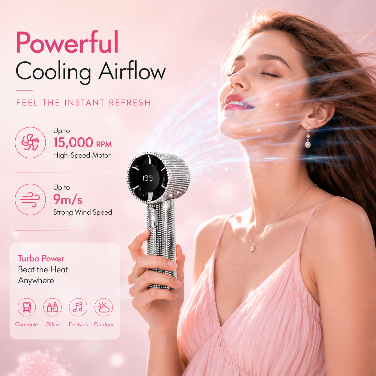 Crystal Rhinestone Portable Fan – 199-Speed Rechargeable Handheld Cooling Fan