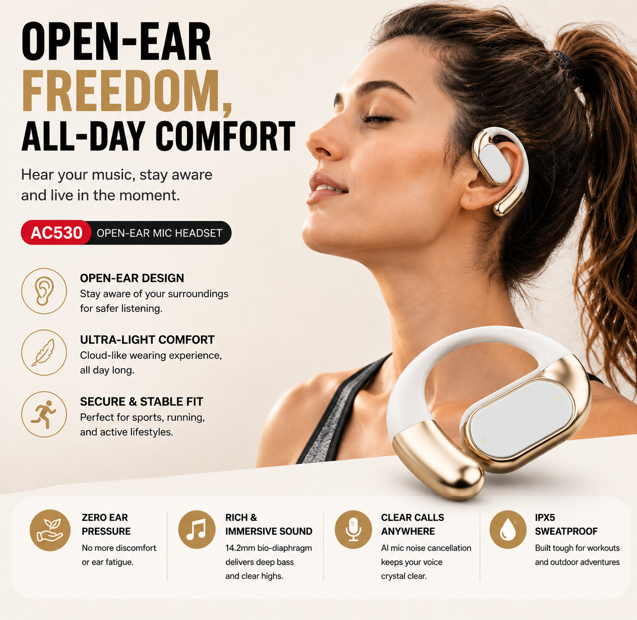 🎧 AC530 Open-Ear Headset | 165H Battery, Bluetooth 6.0, Ultra Comfort Wireless Earbuds