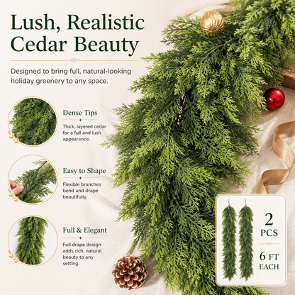 🏠 CHRISTMAS FAVORITE | Artificial Cedar Garland 2-Pack – 6 FT Faux Greenery for Mantels, Tables, Stairs & Walls
