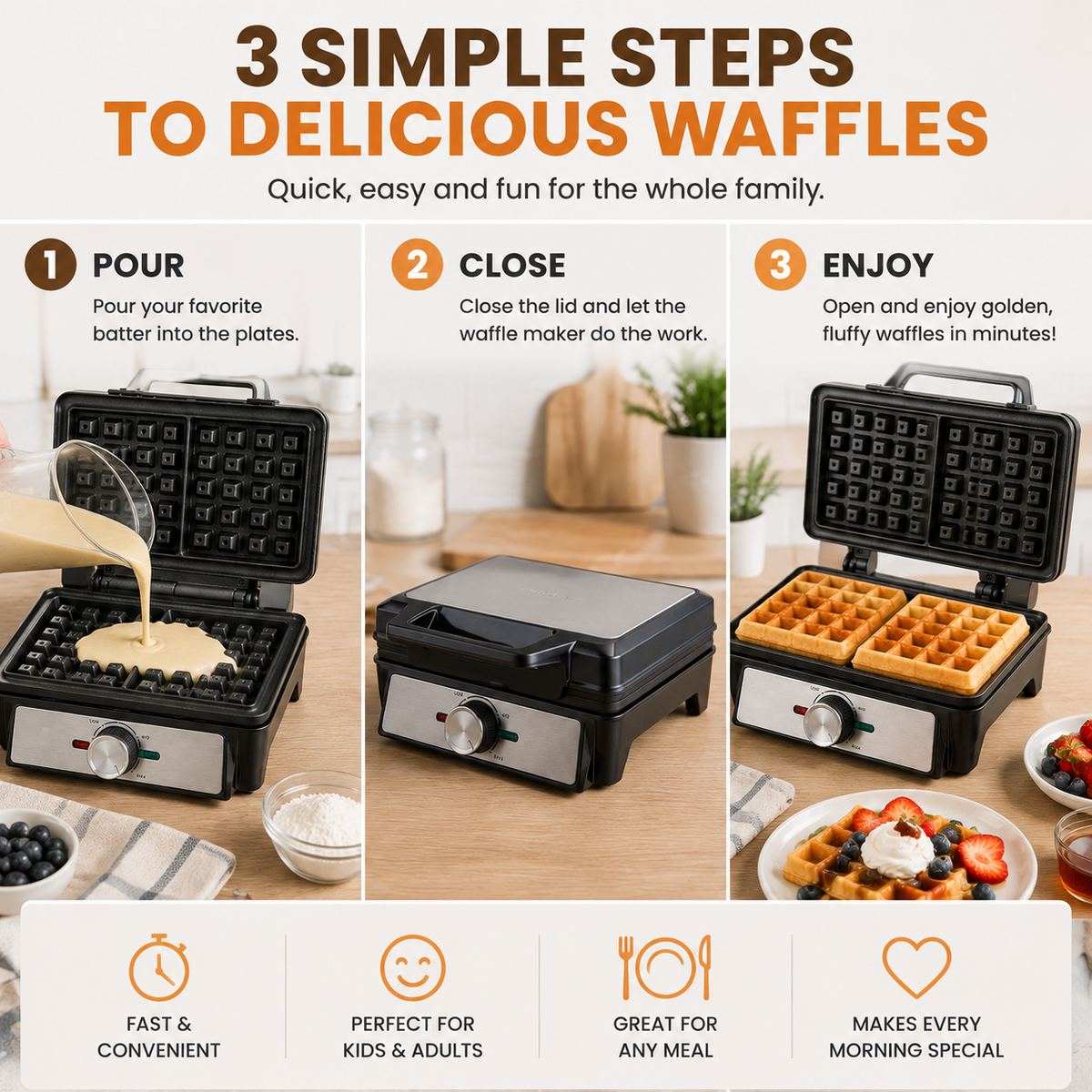 🧇 Belgian Waffle Maker | Thick Crispy Homemade Waffles With Non-Stick Plates