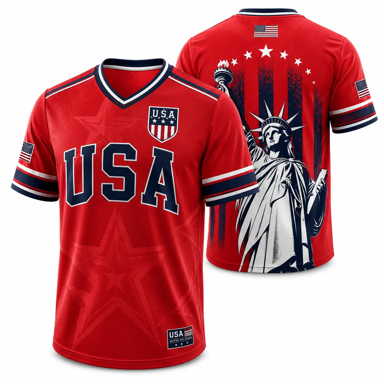 USA Soccer Jersey Men Women Navy Patriotic American Flag Football Shirt Statue of Liberty Graphic V Neck Sports Tee Red White Blue Stars Stripes Short Sleeve Athletic Top 4th of July Independence Day Fan ApparelUSA Soccer Jersey Men Women Navy Patriotic A