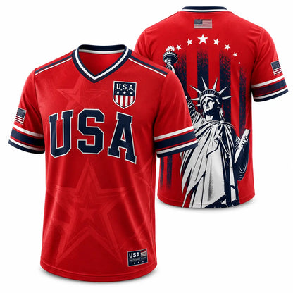 USA Soccer Jersey Men Women Navy Patriotic American Flag Football Shirt Statue of Liberty Graphic V Neck Sports Tee Red White Blue Stars Stripes Short Sleeve Athletic Top 4th of July Independence Day Fan ApparelUSA Soccer Jersey Men Women Navy Patriotic A