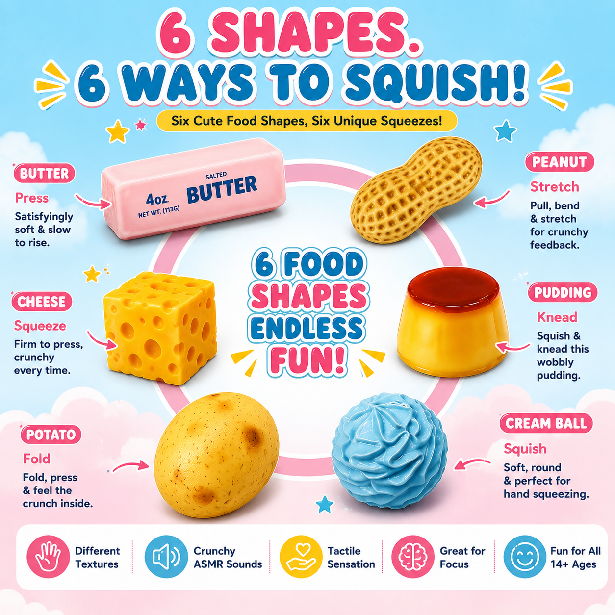 🔥 VIRAL-STYLE PICK | Soft to Squish, Satisfying to Crunch – 6-Piece Food Squishy Set