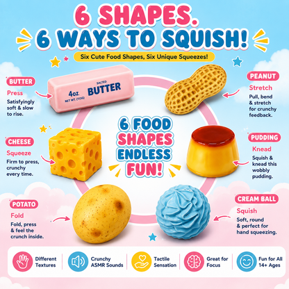 🔥 VIRAL-STYLE PICK | Soft to Squish, Satisfying to Crunch – 6-Piece Food Squishy Set