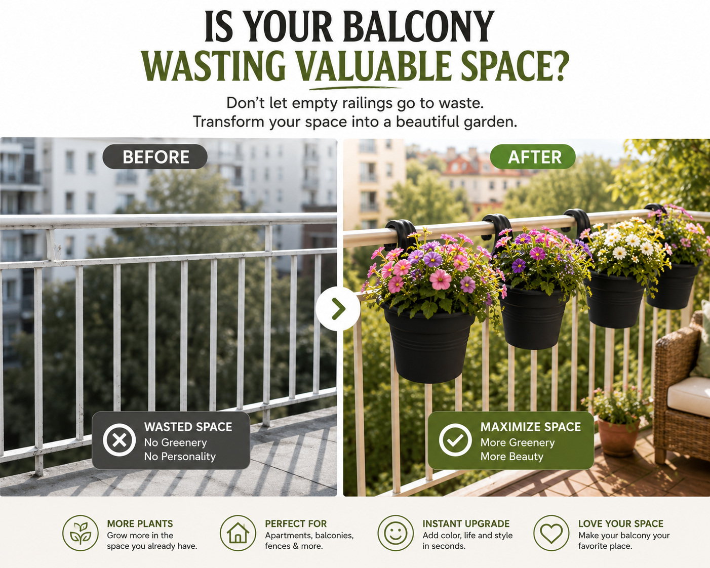 Balcony Hanging Planter – No Tools Rail Flower Pot | Space-Saving Garden Pot