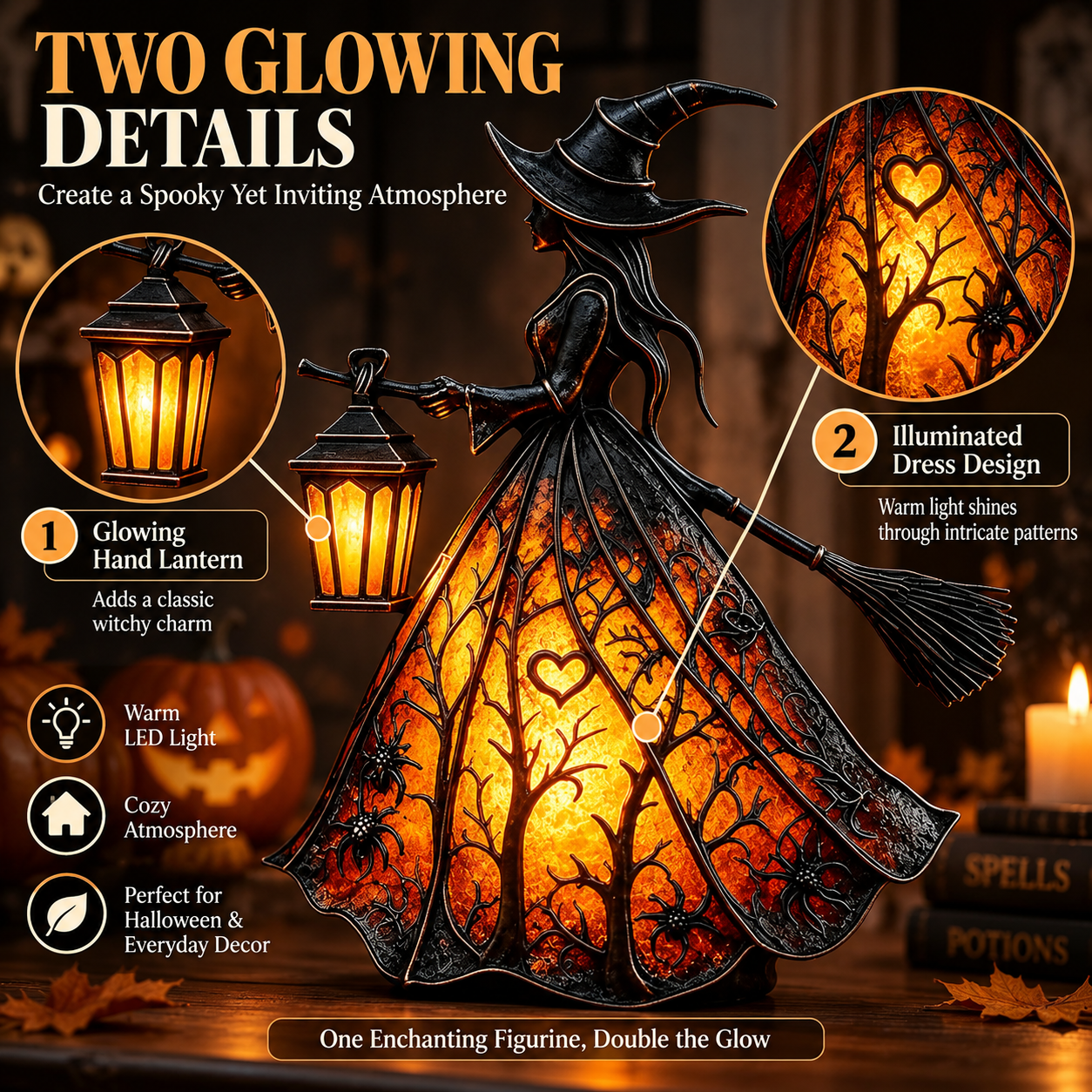 🧙‍♀️ HOT SALE | 7-Inch Lighted Gothic Witch Lantern – Warm LED Halloween Figurine for Mantel, Shelf & Table Decor