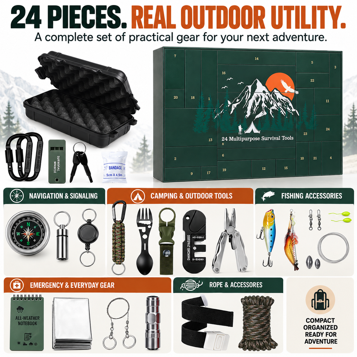 🏕️ OUTDOOR LOVER FAVORITE | 24-Piece Camping Gear Advent Calendar – Christmas Countdown Gift for Adults