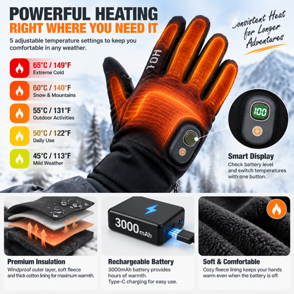 🔥 HOT SALE | Rechargeable Heated Gloves – Touchscreen Winter Gloves with Adjustable Heat for Skiing, Hiking & Outdoor Use