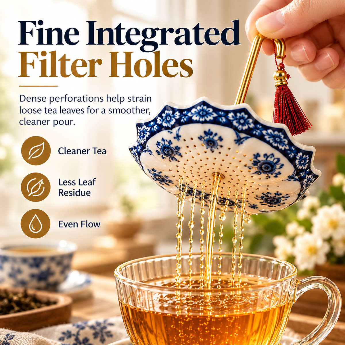 🍵 Ceramic Tea Strainer with Saucer – Blue & White Umbrella Loose Leaf Tea Filter