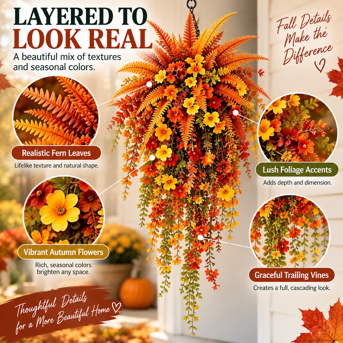 🏡 FALL PORCH FAVORITE | Cascading Artificial Fern Swag – Autumn Hanging Decor for Entryways, Columns & Gates