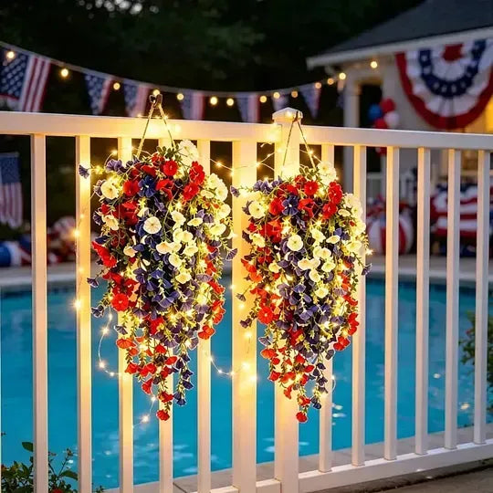 America 250th Anniversary Patriotic Hanging Flowers With LED Lights