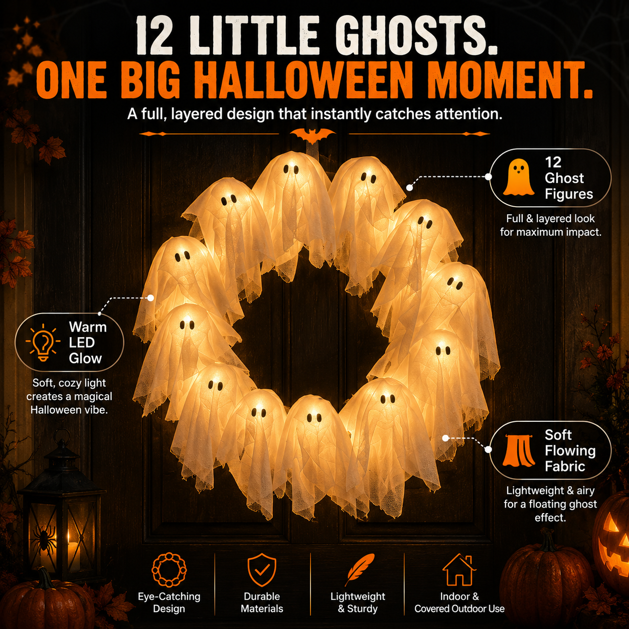 👻 LED Ghost Wreath – 12-Light Halloween Door Decoration