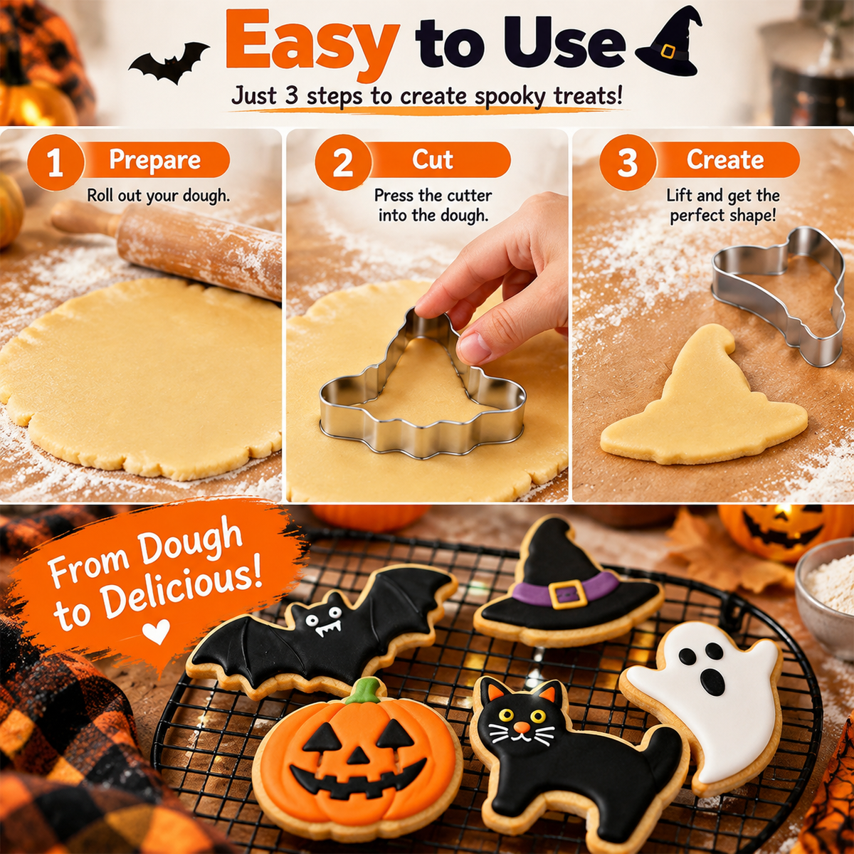 🎃 HOT SALE | 5-Piece Halloween Cookie Cutter Set – Stainless Steel Bat, Pumpkin, Ghost, Cat & Witch Hat Shapes