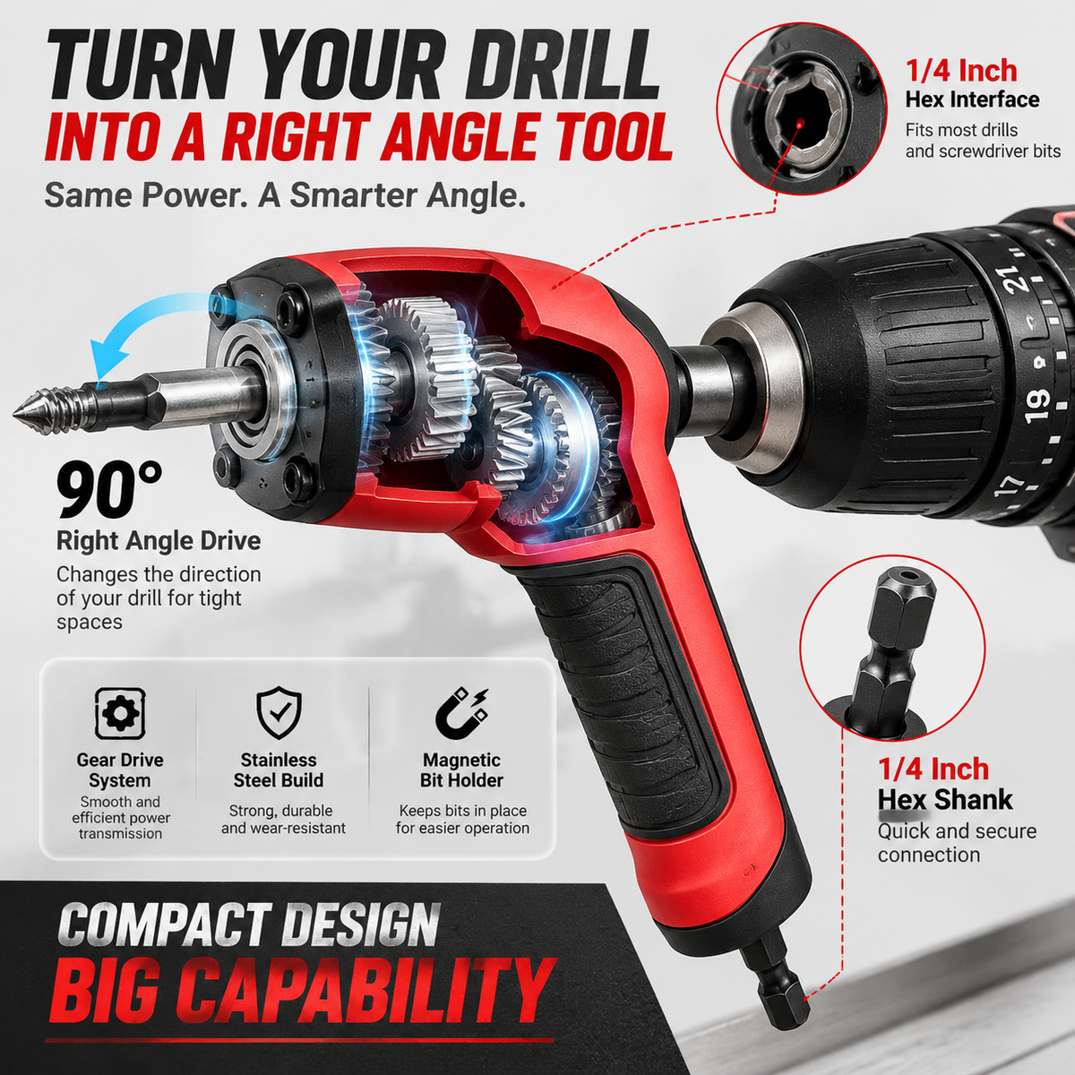 ⚙️ TIGHT SPACE DRILL ADAPTER | 90 Degree Right Angle Attachment for Drills & Screwdrivers with 1/4" Hex Shank