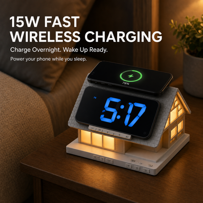 🏡✨ Cozy Cabin 4-in-1 Bedside Station – Alarm Clock, Night Light, White Noise & Wireless Charger