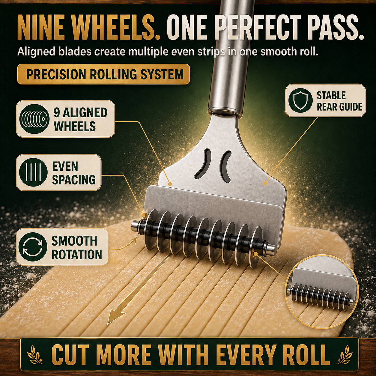 Stainless Steel 9-Wheel Rolling Noodle Cutter – Fast, Even Homemade Pasta Strips