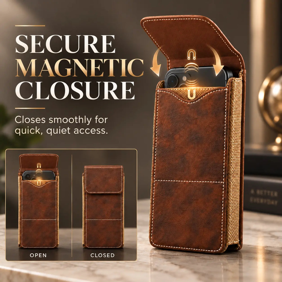 📱 Men’s Belt Phone Pouch – Magnetic Closure with Card Slot & Metal Clip