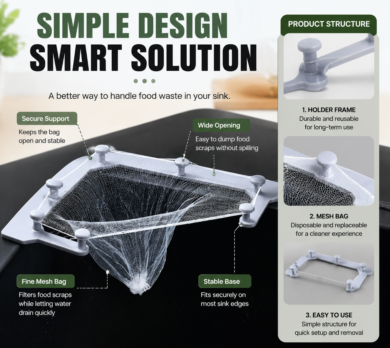 🗑️ Smart Sink Strainer Holder Kit With 50 Mesh Bags – Keep Food Scraps Away From Your Drain