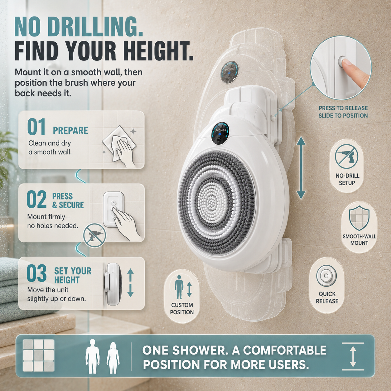🚿Hands-Free Wall-Mounted Electric Back Scrubber – 3-Speed No-Drill Shower Brush🫧