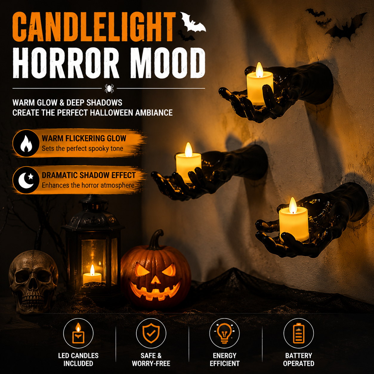 🔥 FLASH SALE 50% OFF – Ghost Hand LED Candle Holders | Halloween Gothic Wall Decor Set of 3