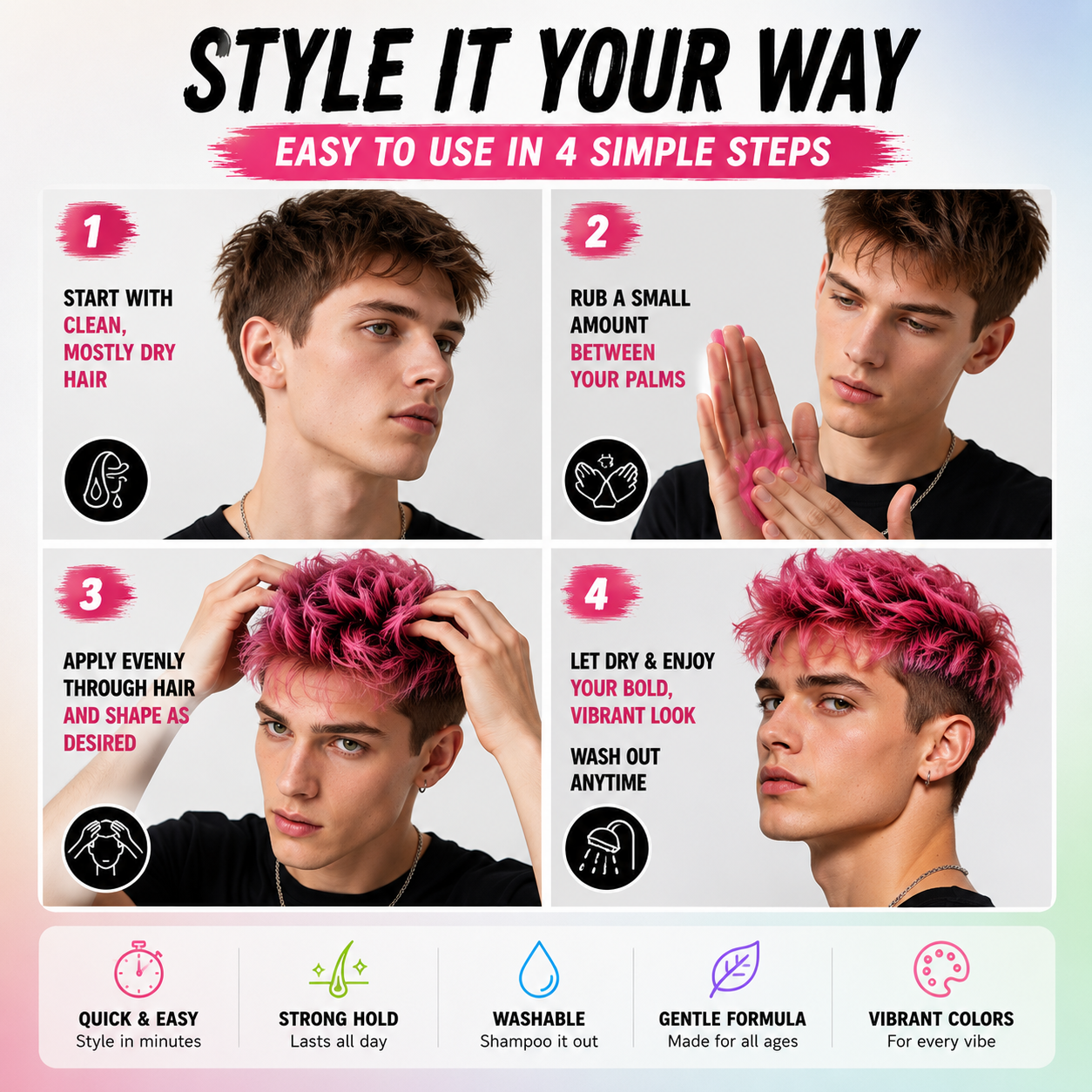 🌈 Temporary Hair Color Styling Wax | Washable Color & Strong Hold for Parties, Festivals and Cosplay