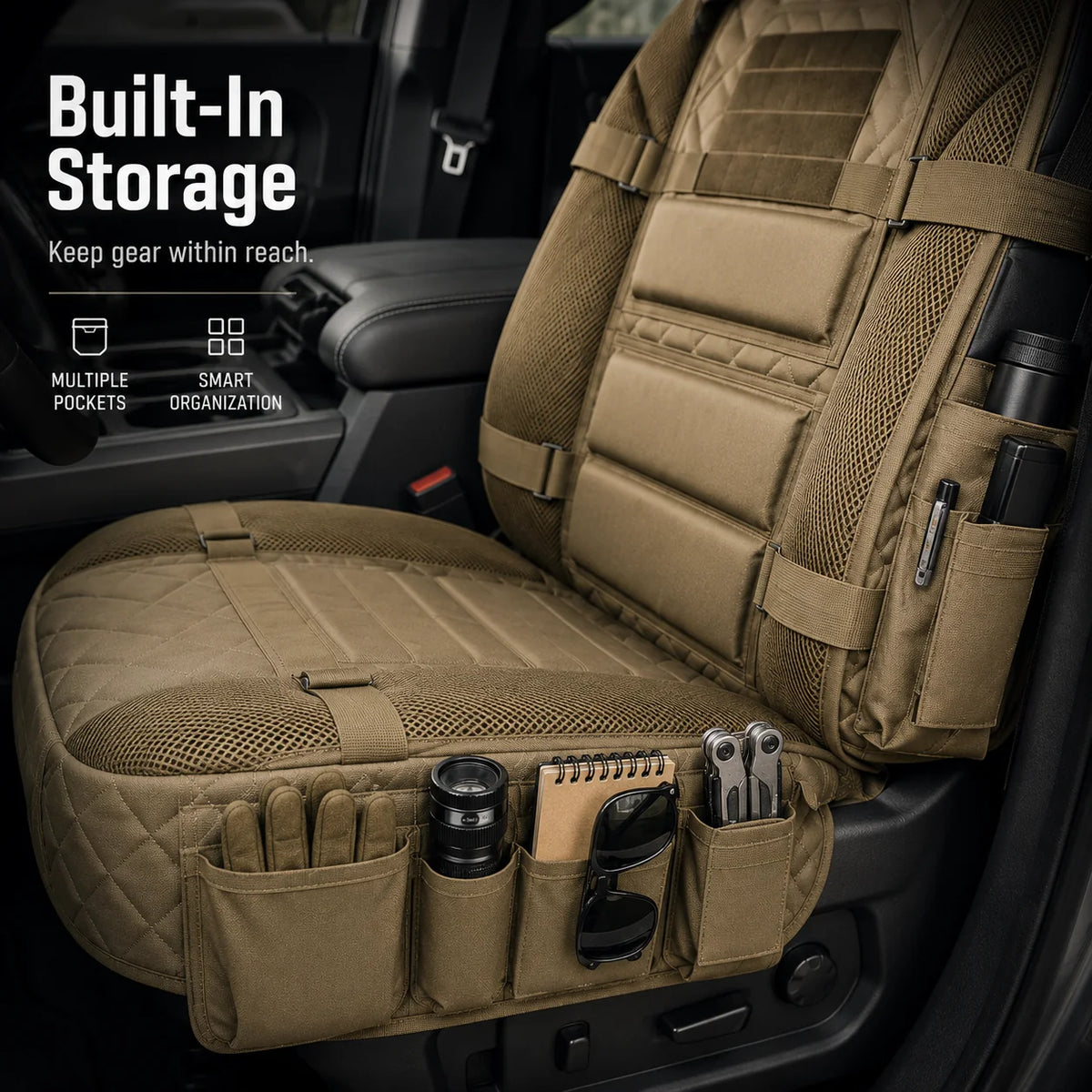 🎒 TRUCK SEAT ORGANIZER COVER | Tactical-Style Seat Protection with Utility Pockets, Webbing & Gear Storage
