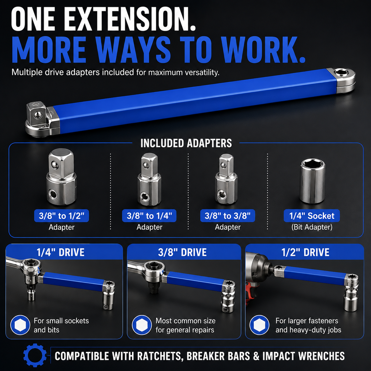 💥 HOT DEAL | Impact-Ready Offset Extension Wrench – Multi-Drive Adapter Tool for Tight Repair Spaces