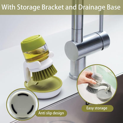 🧼 Soap Dispensing Palm Brush – Refillable Dish Scrubber With Drainage Stand