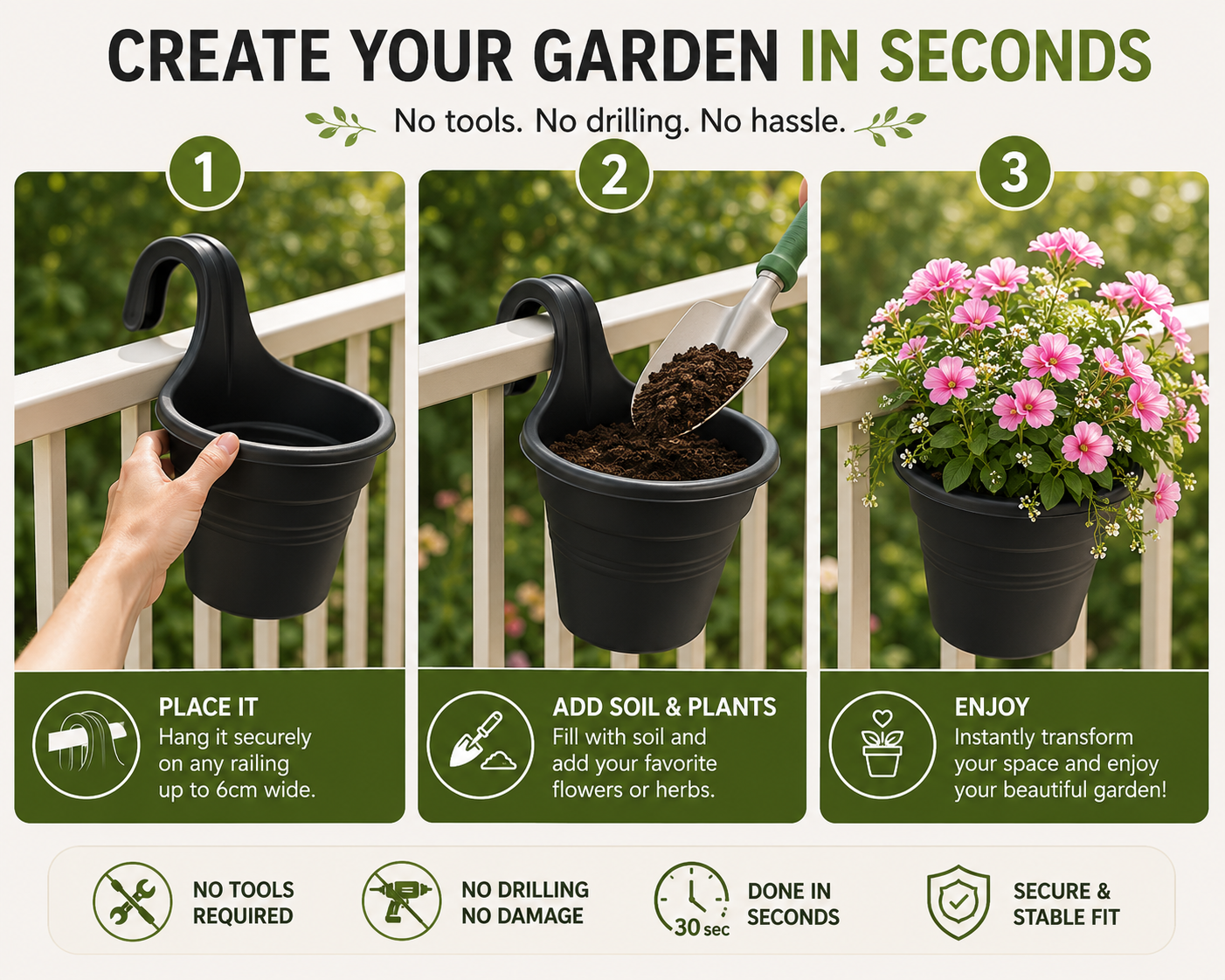 Balcony Hanging Planter – No Tools Rail Flower Pot | Space-Saving Garden Pot