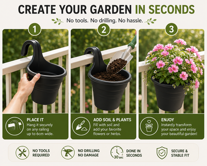 Balcony Hanging Planter – No Tools Rail Flower Pot | Space-Saving Garden Pot