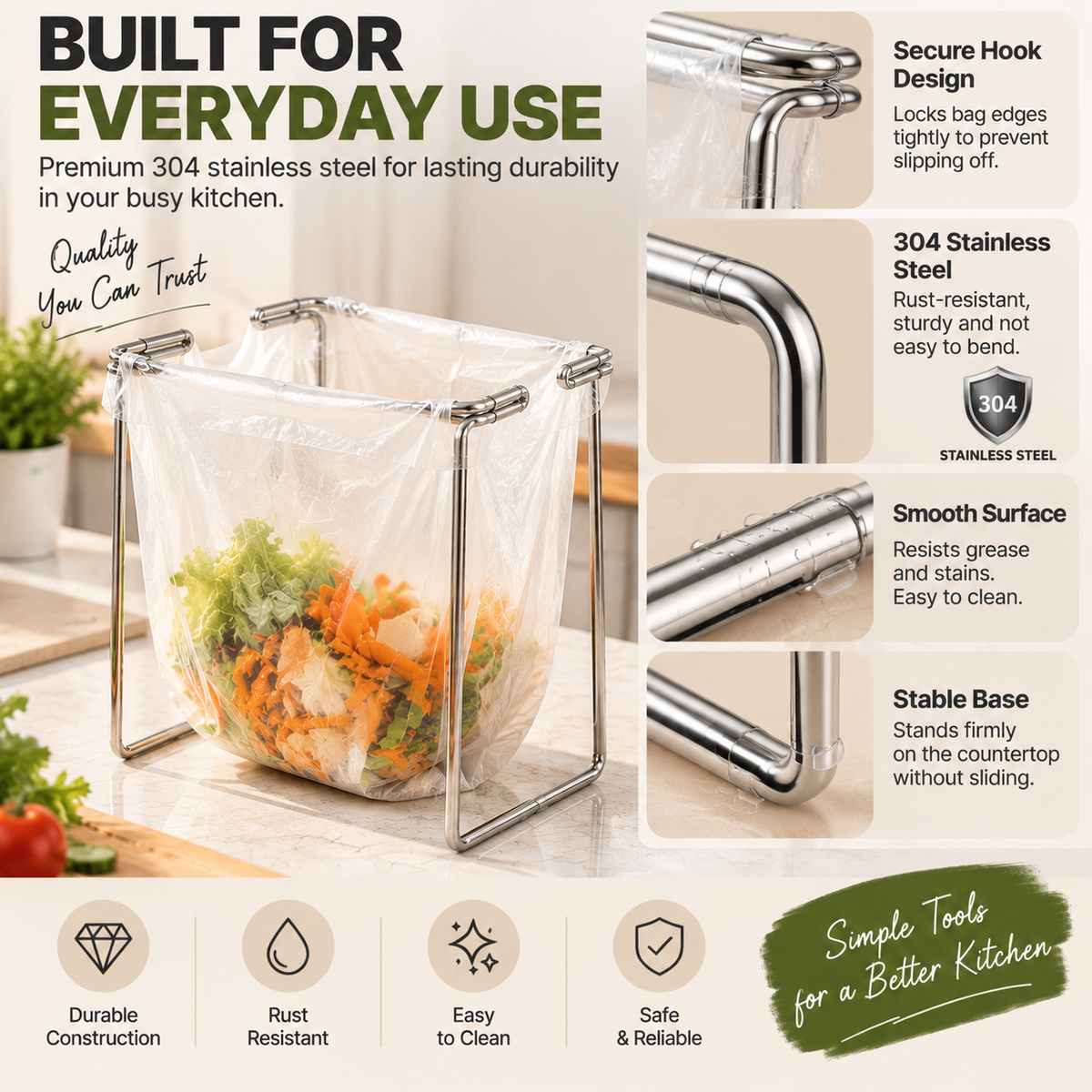 🗑️ HOT SALE | Foldable Countertop Trash Bag Holder – Stainless Steel Kitchen Waste Rack for Grocery Bags & Food Scraps