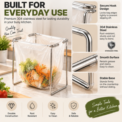 🗑️ HOT SALE | Foldable Countertop Trash Bag Holder – Stainless Steel Kitchen Waste Rack for Grocery Bags & Food Scraps
