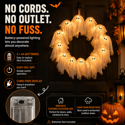 👻 LED Ghost Wreath – 12-Light Halloween Door Decoration