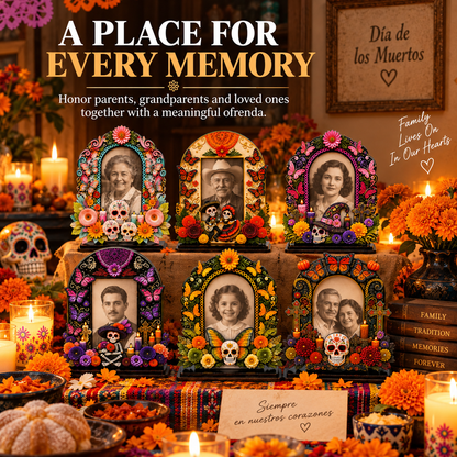 💀 DAY OF THE DEAD DECOR | 6 Wooden Memorial Photo Frames – Colorful Ofrenda Picture Frame Set with Floral Details