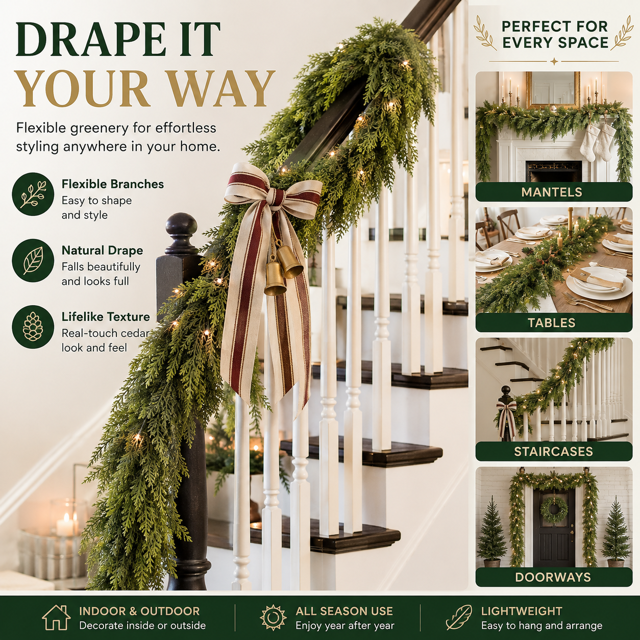 🏠 CHRISTMAS FAVORITE | Artificial Cedar Garland 2-Pack – 6 FT Faux Greenery for Mantels, Tables, Stairs & Walls